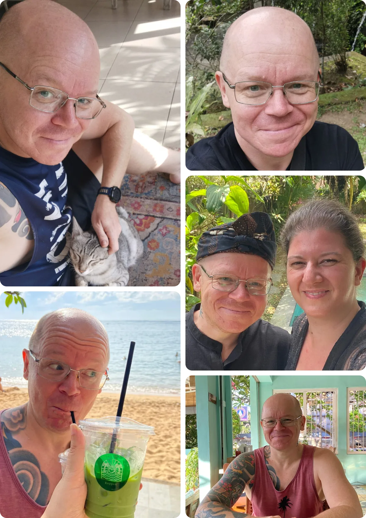 Collage aus fünf privaten Schnappschüssen: Ben mit Katze, im Garten, im Café, am Strand und gemeinsam mit seiner Frau in traditioneller Kleidung